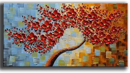 YaSheng Art - Large Canvas Wall Art ,Hand Painted 3D Texture Wall Art Red Floral Oil Painting, Modern Abstract Artworks Paintings , Wall Art for living room Bedroom Office Wall Deco Home, Framed Wall Art Pictures 60 by 24 inch