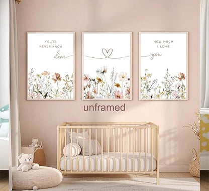 JBZDD 3Pcs Wildflower Nursery Wall Art – Boho Botanical Flower Posters with Inspirational Sentences, Aesthetic Print Artwork for Baby Girl Nursery, Bedroom, or Living Room Decoration Unframed16x24in