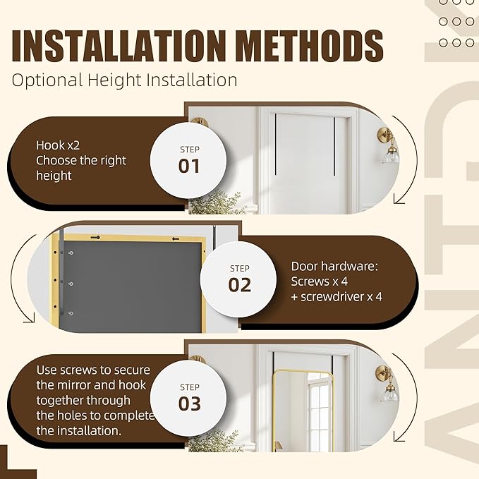Antok Over The Door Mirror Full Length, 58'' x 21''Wall Mounted Hanging Mirror, Aluminum Alloy Frame, Shatterproof Glass, No Drill Installation for Bedroom, Closet, Bathroom, Dorm, Round Corner,Gold