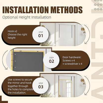 Antok Over The Door Mirror Full Length, 58'' x 21''Wall Mounted Hanging Mirror, Aluminum Alloy Frame, Shatterproof Glass, No Drill Installation for Bedroom, Closet, Bathroom, Dorm, Round Corner,Gold