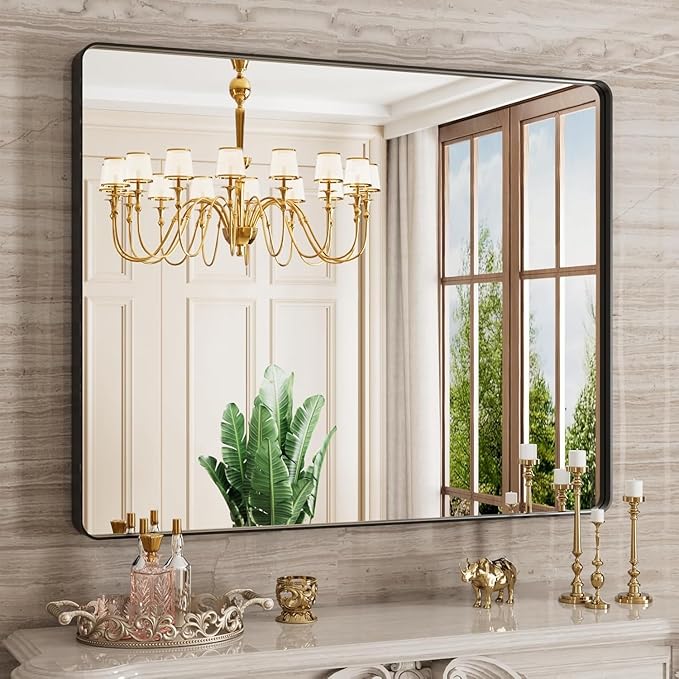 JISOSO Black Bathroom Mirror 40X36 Inch, Black Metal Framed Mirror for Wall, Rounded Rectangle Matte Bathroom Vanity Mirror with Tempered Glass, Anti-Rust, Horizontal/Vertical