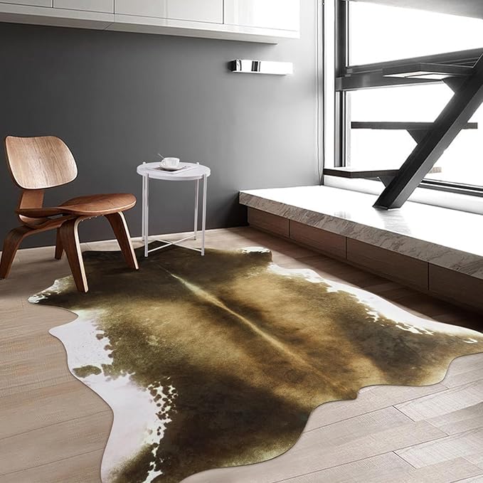 Washable Non Slip Cowhide Area Rug 5x6 Brindle and White, Faux Animal Skin Carpet for Bedroom, Western Rustic Cottagecore Teen Room Decor Rugs for Under Coffee Table Bedside