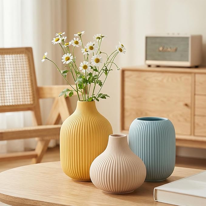 Colorful Small Ceramic Vases Set of 3, Matte Vertical Ribbed, Minimalist for Pampas Dried & Fresh Flowers, Centerpiece for Living Room,Shelf, Wedding (Light Blue, Mustard Yellow, Beige)