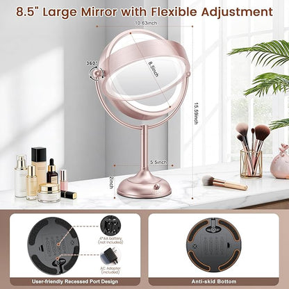 VESAUR Lighted Makeup Mirror Rose Gold Nickel, Double Sided 1X/10X HD Undistorted Magnifying Mirror, 8.5" Vanity Mirror with 3 Colors Dimmable 90 Bright LEDs, 360°Swivel Two Power Supply, Luxury Gifts