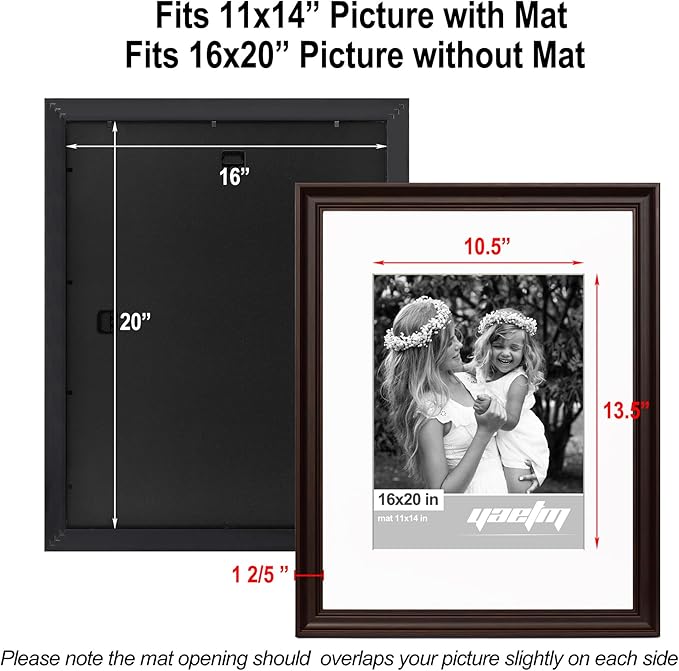 Yaetm 16x20 Picture Frame Matted to 11x14 Set of 4, 1.4" Wide Molding & Dark Brown Poster Frames 16 x 20 for Wall Gallery, Home and Office, Wall Mount (4 Pack, Brown)