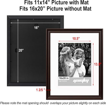 Yaetm 16x20 Picture Frame Matted to 11x14 Set of 4, 1.4" Wide Molding & Dark Brown Poster Frames 16 x 20 for Wall Gallery, Home and Office, Wall Mount (4 Pack, Brown)