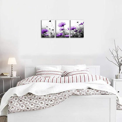 Flowers Wall Art Canvas Pictures Purple Wildflowers Black and White Background 3 Piece Canvas Art Blossom Contemporary Artwork for Home Decoration Office Kitchen Wall Decor 12"x 16" x 3 Panels