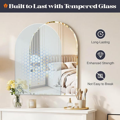 Frameless Bathroom Mirror, 24" x 32" Arched Vanity Mirror for Wall Beveled, Arch Wall Mounted Mirror for Bedroom, Entryways, Over Sink