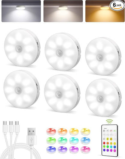 EZVALO 6-Pack Under Cabinet Lighting, Rechargeable Motion Sensor Puck Light with Remote, 3 Color Temps & 12 RGB Colors, Magnetic Stick on Light, Dimmable Under Counter Light for Kitchen, Home Decor