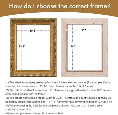 Antique Gold 5x7 Canvas Frame, 2.4” Wide Solid Wood Baroque Ornate Art Frame for Oil Paintings Floral Still Life Wedding Prints Pictures Posters, No Backboard & Glass