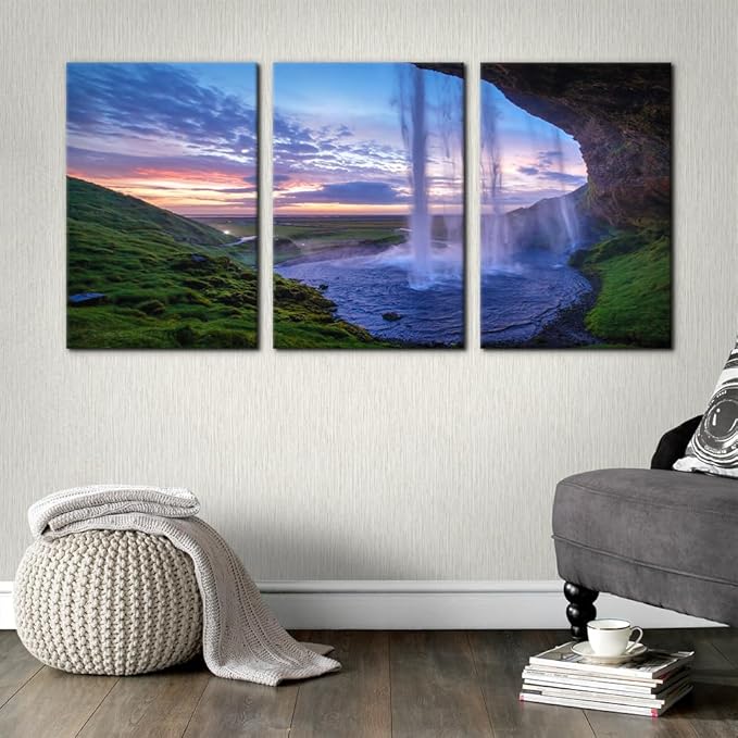 Pacimo Waterfall at Sunset Canvas Wall Art Print Iceland Landscape Painting Framed Wall Art Decor for Living Room Home Decoration 3 Pieces Gallery Wrapped Posters and Prints Ideal Gifts - 16"x24"x3