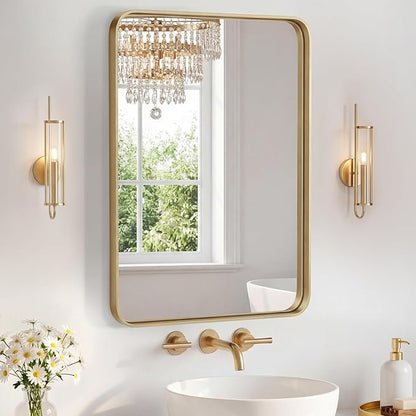 NEWBULIG 22X30 Inch Bathroom Mirror for Over Sink, Wall Vanity Mirrors Tempered Glass, Anti-Rust Metal Framed Rounded Rectangle, Hangs Horizontally or Vertically, Farmhouse Home Decor, Gold