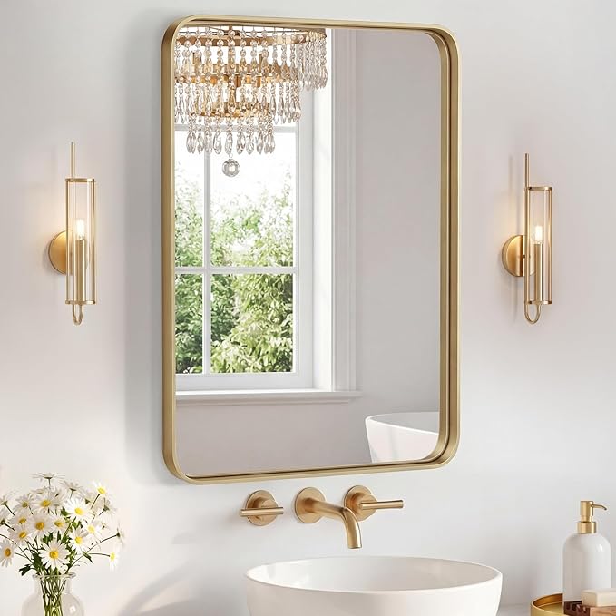 OLIXIS Bathroom Mirror for Over Sink, 30x22 Inch Wall Rounded Rectangle Mirror with Matte Metal Framed, Modern Wall Mount Vanity Mirror for Home Decor, Living Room, Bedroom, Gold
