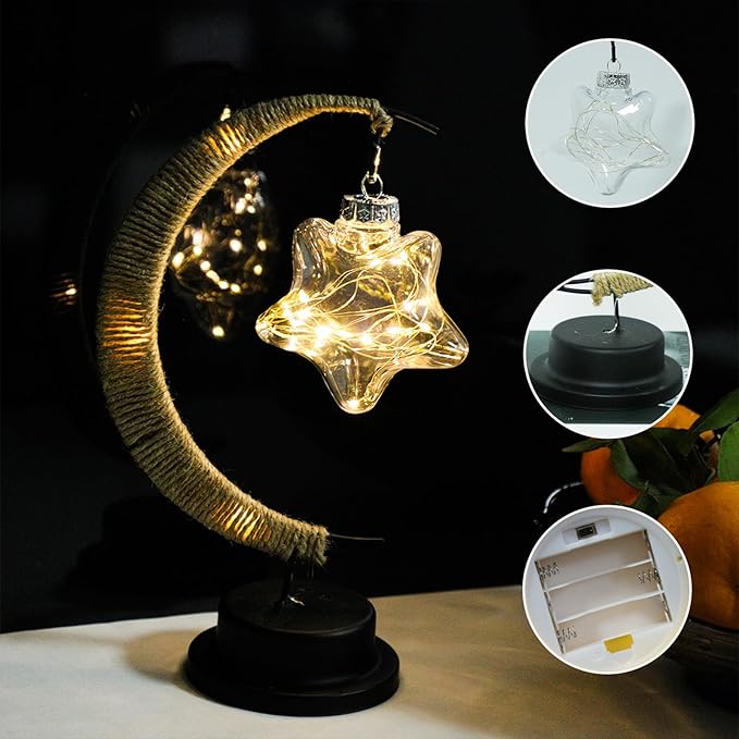 Gold Moon Table Night Light with Hanging Star Ramadan Decorative Lamp Battery Operated for Home Bedroom Shop Dining Holiday Party Eid Festival Decoration