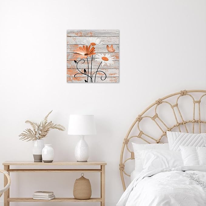 HVEST Farmhouse Orange Floral Wall Art for Living Room, Daisy Flower and Butterfly on Rustic Wood Pictures Wall Decor Nature Plant Framed Canvas Wall Art for Bedroom Bathroom Decor,12L X 12W inches