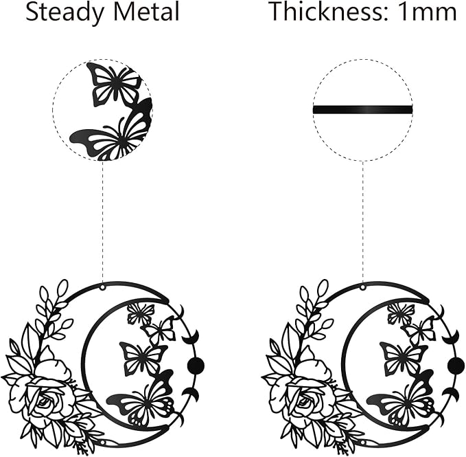 CREATCABIN Moon Rose Metal Wall Art Decor Black Butterfly Wall Hanging Decor Art Hanging Silhouette Ornament for Modern Farmhouse Rustic Home Office Garden Hotel Decoration 11.8x10.2Inch