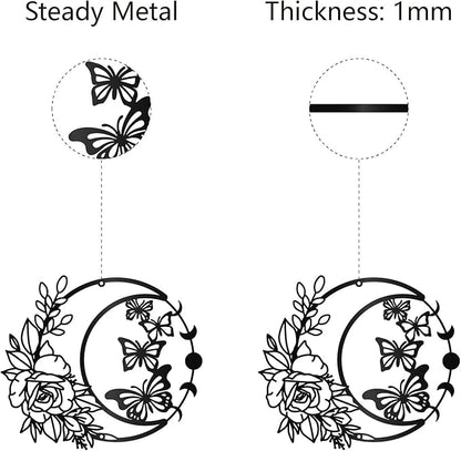 CREATCABIN Moon Rose Metal Wall Art Decor Black Butterfly Wall Hanging Decor Art Hanging Silhouette Ornament for Modern Farmhouse Rustic Home Office Garden Hotel Decoration 11.8x10.2Inch