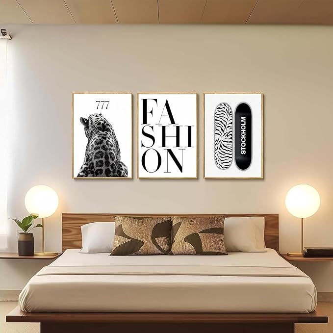 SUOLIUKJYS 3Pcs Trendy Leopard Wall Art Black White Cheetah Wall Decor Fashion Aesthetic Canvas Posters Preppy Stockholm Prints Stylish Cheetah Pictures Y2k Painting for Bedroom Unframed 12x16 Inch