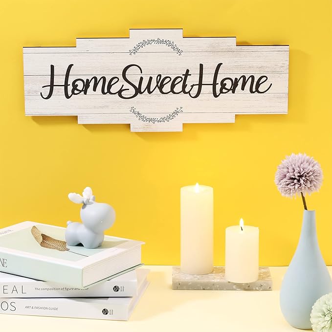 Jetec Home Sweet Home Sign, Rustic Wood Room Wall Decor, Farmhouse Plaque Wall Hanging Wooden Sign for Bedroom, Living Room, Wedding Decor(White)