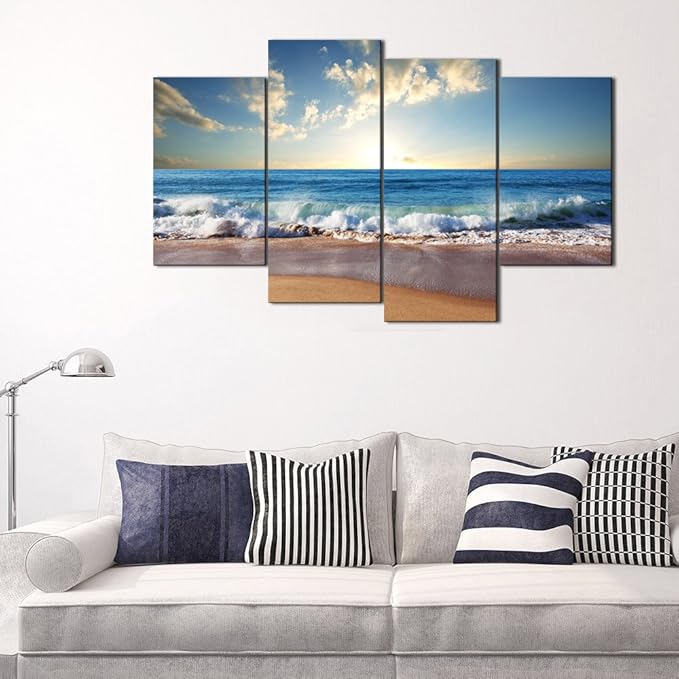 Yatsen Bridge Modern Landscape Painting on Canvas 4 Piece Beach Ocean Pictures Wall Art for Living Room Home Decor Wooden Framed Stretched Ready to Hang (48’’W x 36’’H)