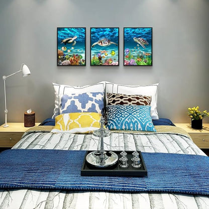 Black Framed Art Prints - Blue Ocean Sea Turtle Wall Art, 3 Piece Set for Living Room, Bedroom, Bathroom & Office Decor