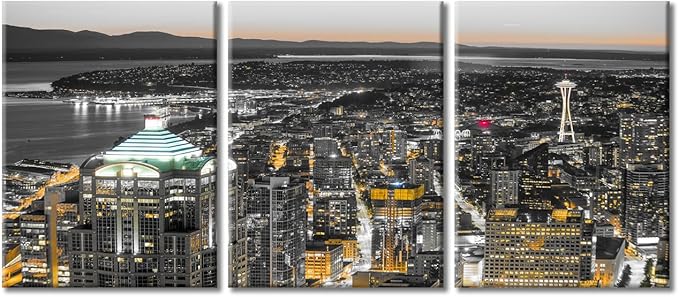 TUMOVO American Cityscape Canvas Paintings Wall Art 3 Pieces Downtown Seattle Skyline in Seattle Washington Skyscrapers Bedroom Decor Wall Art Framed Ready to Hang (36" Wx16 H)