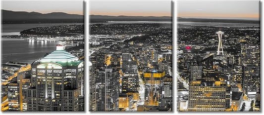 TUMOVO American Cityscape Canvas Paintings Wall Art 3 Pieces Downtown Seattle Skyline in Seattle Washington Skyscrapers Bedroom Decor Wall Art Framed Ready to Hang (36" Wx16 H)