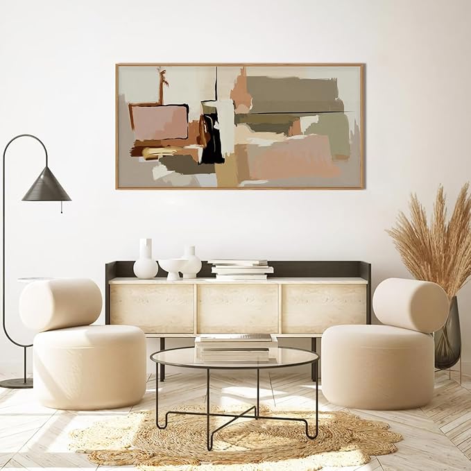 Abstract Neutral Brushstroke Framed Canvas Wall Art Set,Minimalist Beige Toned Color Blend Wall Decor,Modern Color Block Geometric Artwork for Living Room,Bedroom-20 x40