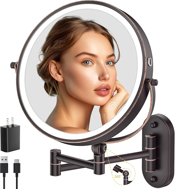 IMIKONA 9" Wall Mounted Lighted Makeup Mirror,4000mAh Rechargeable Double Sided 1X/10X Magnifying Mirror with Light,3 Color Lights,Touch Dimmable,Extended Arm 360 Rotation Wall Mounted Makeup Mirror
