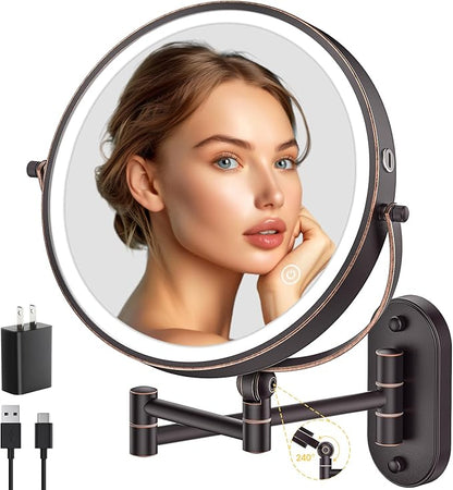IMIKONA 9" Wall Mounted Lighted Makeup Mirror,4000mAh Rechargeable Double Sided 1X/10X Magnifying Mirror with Light,3 Color Lights,Touch Dimmable,Extended Arm 360 Rotation Wall Mounted Makeup Mirror