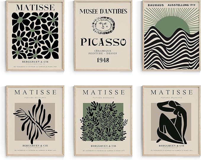 Habseligkeit Green Matisse Posters for Room,Minimalist Abstract Line Wall Poster, Retro Room Decor Aesthetic Vintage Prints for Wall Decor Unframed, 8x10in, Set of 6