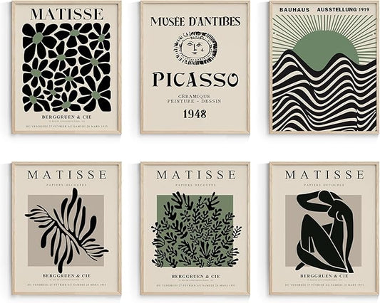 Habseligkeit Green Matisse Posters for Room,Minimalist Abstract Line Wall Poster, Retro Room Decor Aesthetic Vintage Prints for Wall Decor Unframed, 8x10in, Set of 6