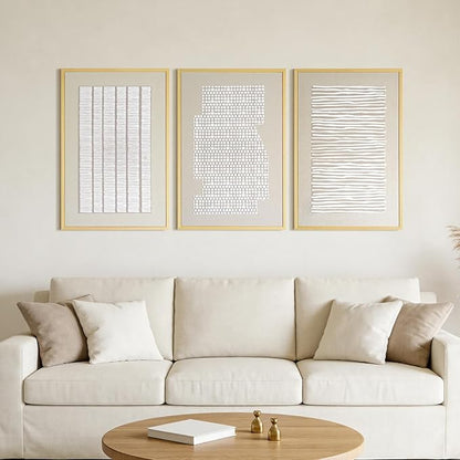 Thalasse 3D Textured Abstract Wall Art for Bedroom, 3 Piece Modern Minimalist Line Canvas Artwork for Walls, Beige White Framed Pictures with Solid Wood for Living Room Decor, 16x24 In