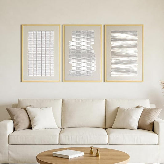 Thalasse 3D Textured Abstract Wall Art for Bedroom, 3 Piece Modern Minimalist Line Canvas Artwork for Walls, Beige White Framed Pictures with Solid Wood for Living Room Decor, 16x24 In