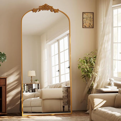 GLSLAND 71"x 32" Gold Vintage Arched Full Length Mirror - Large Carved Standing Floor Mirror with Metal Frame for Bedroom/Living Room/Entryway