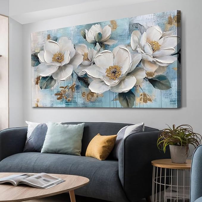 Ardemy Flower Wall Art for Living Room White Floral Canvas Art Wall Decor, Magnolia Teal Picture Textured Large Painting Turquoise Framed Artwork Bedroom Dining Room Kitchen Home Office 48"x24"