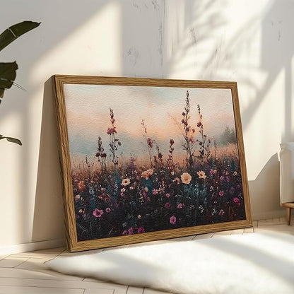 Vintage Flower Wall Art, Dark Floral Wall Decor Painting, Framed 3D Textured Hand Drawn Sandstone Farmhouse Landscape Pictures Artwork for Living Room Bedroom 12x16 inch Wood Frame