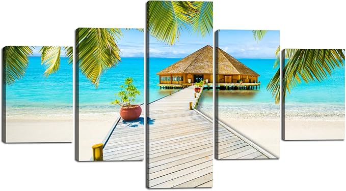 Landscape Beach Palm Tree House Scene of Sea Picture Modern Painting on Canvas 5 Panels Framed Wall Art for Living Room Bedroom Home Decor Gallery Wrap Giclee Print (60’’W x 40’’H)
