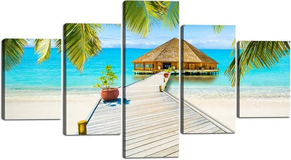 Landscape Beach Palm Tree House Scene of Sea Picture Modern Painting on Canvas 5 Panels Framed Wall Art for Living Room Bedroom Home Decor Gallery Wrap Giclee Print (60’’W x 40’’H)