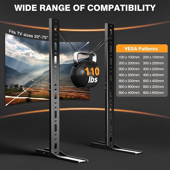 TAVR Universal Table Top TV Stand Mount, TV Legs for Most 20-75 Inch TVs, Replacement TV Feet with Great Load-Bearing Holds up to 110 lbs, TV Stands Base with Cable Management, Max VESA 800x600 mm
