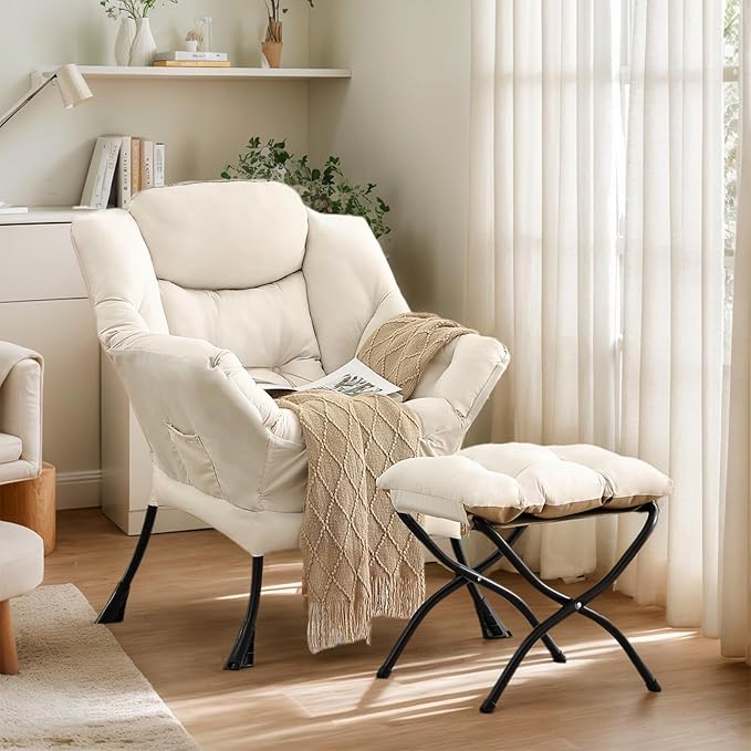 Lazy Chair with Ottoman, Large Beige Accent Chair with Ottoman, Comfy Reading Armchair, Leisure Sofa Chair for Living Room, Bedroom, Dorm Room, Office