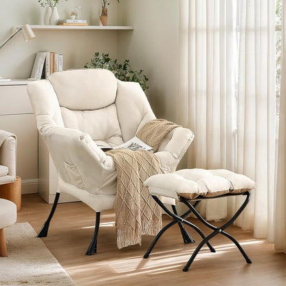 Lazy Chair with Ottoman, Large Beige Accent Chair with Ottoman, Comfy Reading Armchair, Leisure Sofa Chair for Living Room, Bedroom, Dorm Room, Office