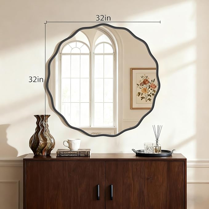 HOMECOOKIN 32" Wavy Round Wall Mirror, Black Scalloped Circle Mirror Edge Round with Metal Frame, Modern Decorative Hanging/Leaning Mirrors for Bathroom, Hotels, Hallway, Entryway, Vanity, Office