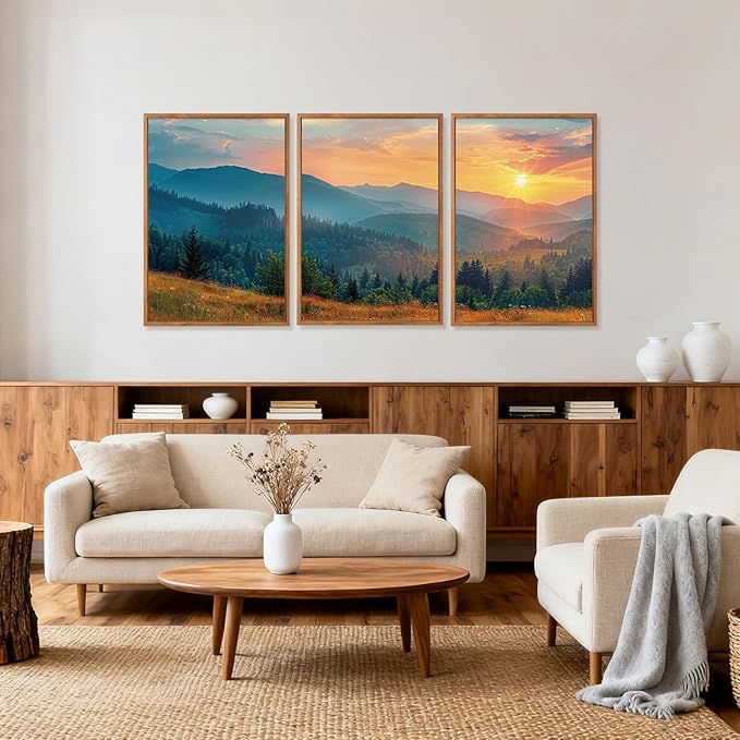 Aurlan Boho Mountain Sunset Landscape Framed Wall Art(24"x36"), 3PCS Green Blue Ridge Grand Teton National Park Canvas Artwork, Abstract Modern Watercolor Nature Forest Scenery Decor for Home Office Bedroom