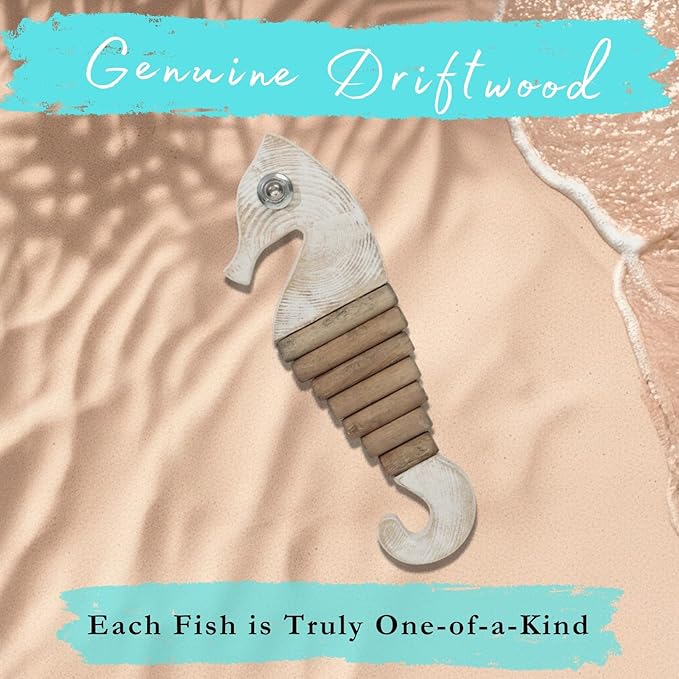Handmade Driftwood Seahorse Nautical Wall Decor - 16.25" x 6" Wooden Rustic Coastal Wall Art for Living Room, Bedroom, Office, Bathroom - Ocean Beach Decoration (Squiggle)