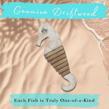 Handmade Driftwood Seahorse Nautical Wall Decor - 16.25" x 6" Wooden Rustic Coastal Wall Art for Living Room, Bedroom, Office, Bathroom - Ocean Beach Decoration (Squiggle)