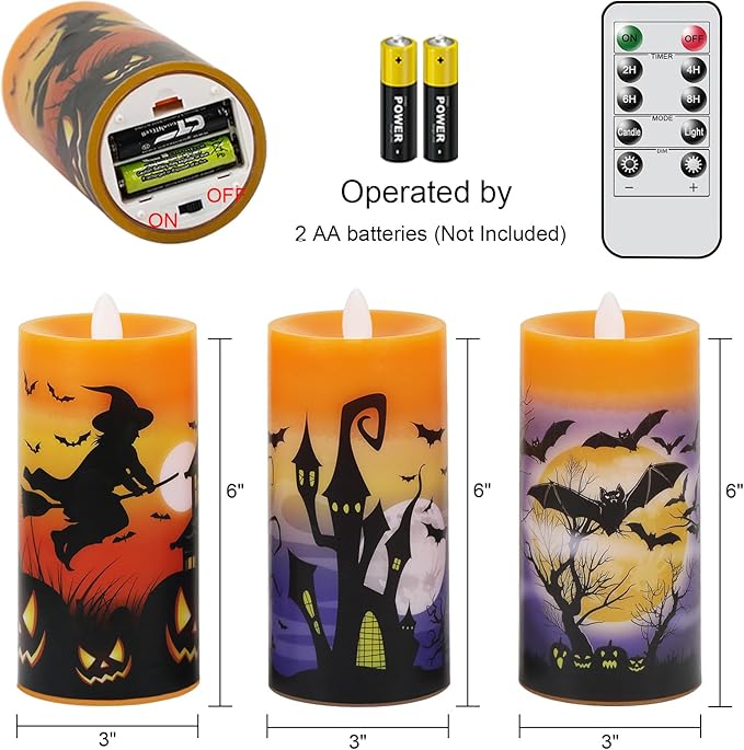 Halloween Flameless LED Candles Battery Operated with Remote and Timer, Real Wax Flickering Pillar Candles Flat Wick Dimmable Light Castle Witch Bats Holiday Decor(3 Pack, 3 x 6 Inches)