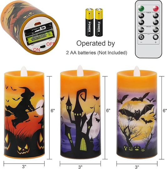 Halloween Flameless LED Candles Battery Operated with Remote and Timer, Real Wax Flickering Pillar Candles Flat Wick Dimmable Light Castle Witch Bats Holiday Decor(3 Pack, 3 x 6 Inches)