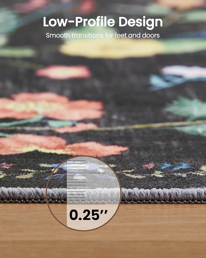 Amada 6x9 Area Rugs, Non-Slip & Low-Profile Living Room Rug with Reinforced Edge Binding, Soft Large Washable Boho Floral Rugs for Living Room, Bedroom, Dining Room