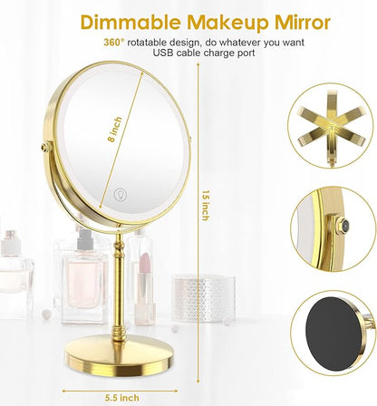 DEIOVWXS Makeup Mirror, 3000mAh Rechargeable Double-Sided Magnifying Vanity Mirror with 3 Colors, 1X/10X, Adjustable Brightness, Gifts for Mom, Mothers Day, Women, Wife, Girls, Dorm Room Essential